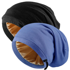 NICPOO Silk Satin Bonnet Hair Wrap in black and blue front view