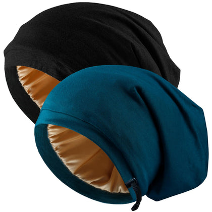 NICPOO Silk Satin Bonnet Hair Wrap in black and green front view