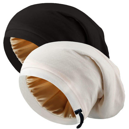 NICPOO Silk Satin Bonnet Hair Wrap in black and khaki front view