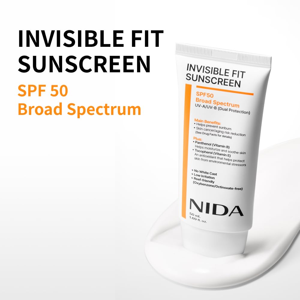 NIDA Invisible Fit Sunscreen SPF 50 back view with ingredient list