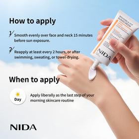 NIDA Invisible Fit Sunscreen SPF 50 bottle with sun in background