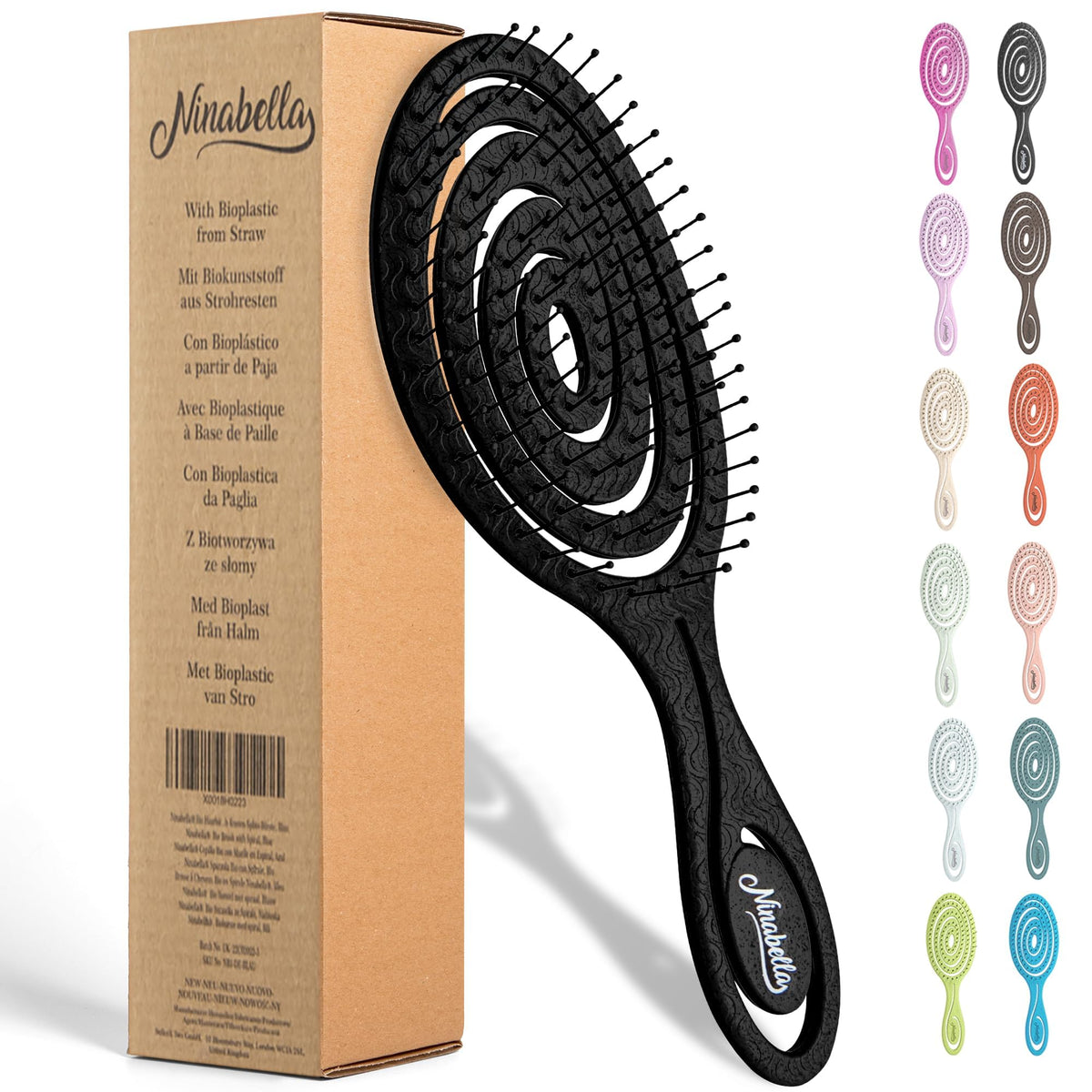 Ninabella Detangler Brush front view in elegant black