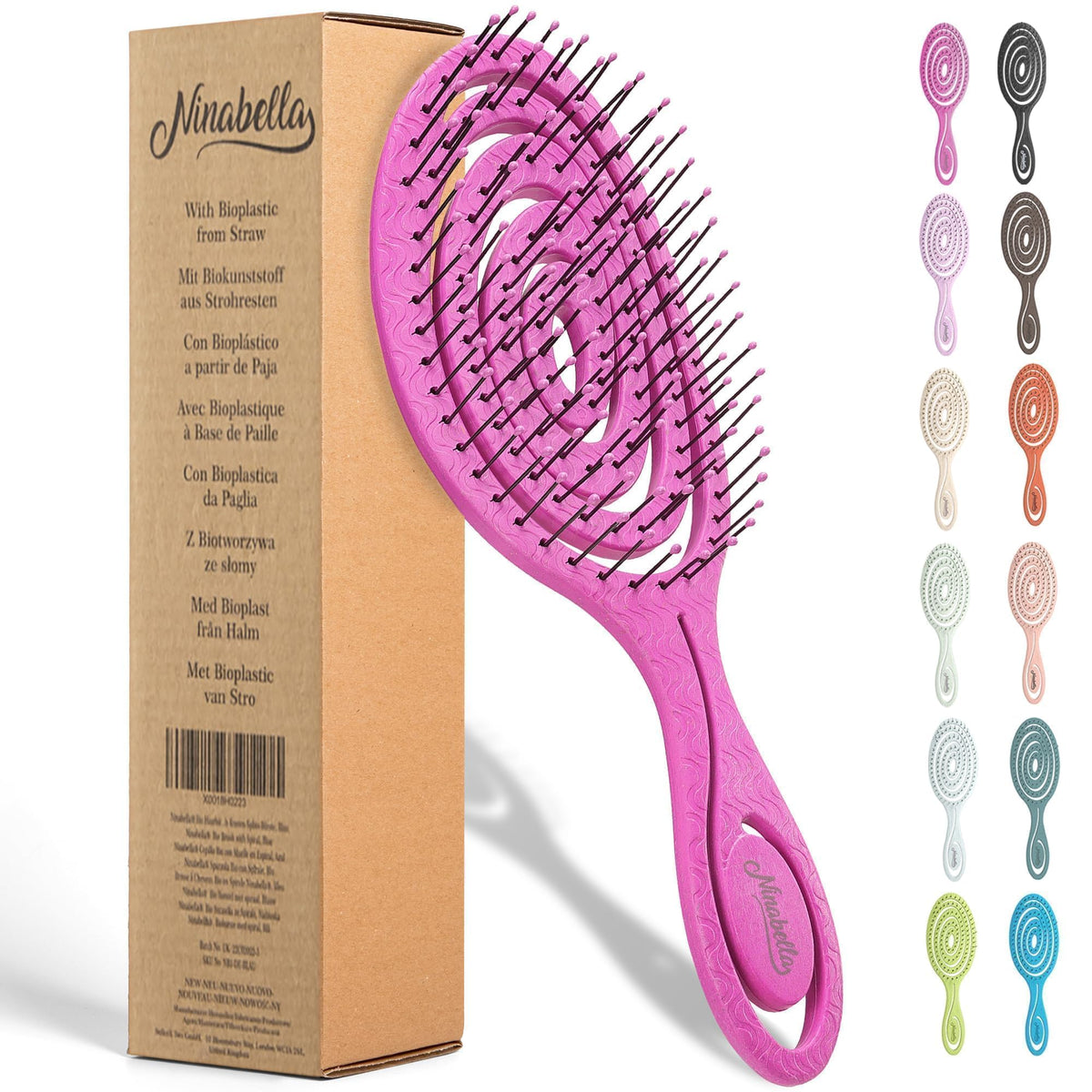 Ninabella Detangler Brush front view in hot pink
