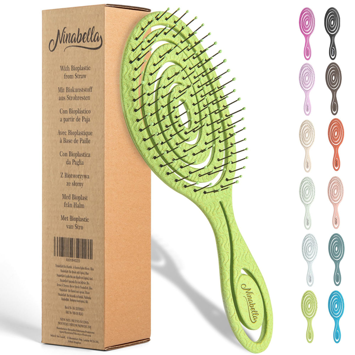 Ninabella Detangler Brush front view in lime green