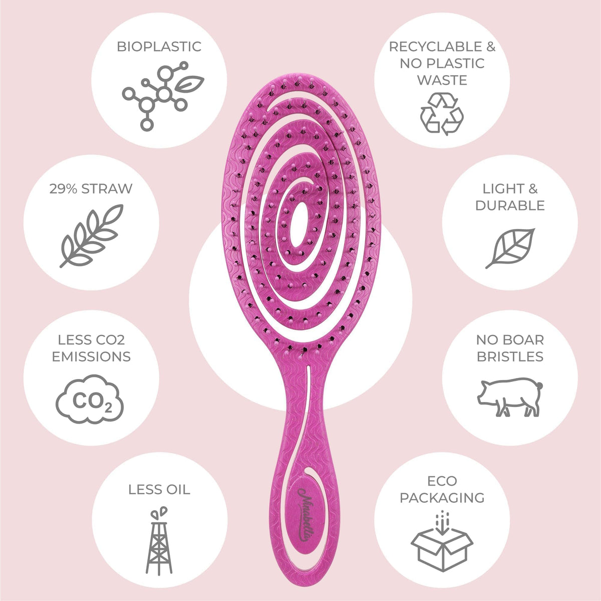 Ninabella Detangler Brush in lifestyle setting on a bathroom counter