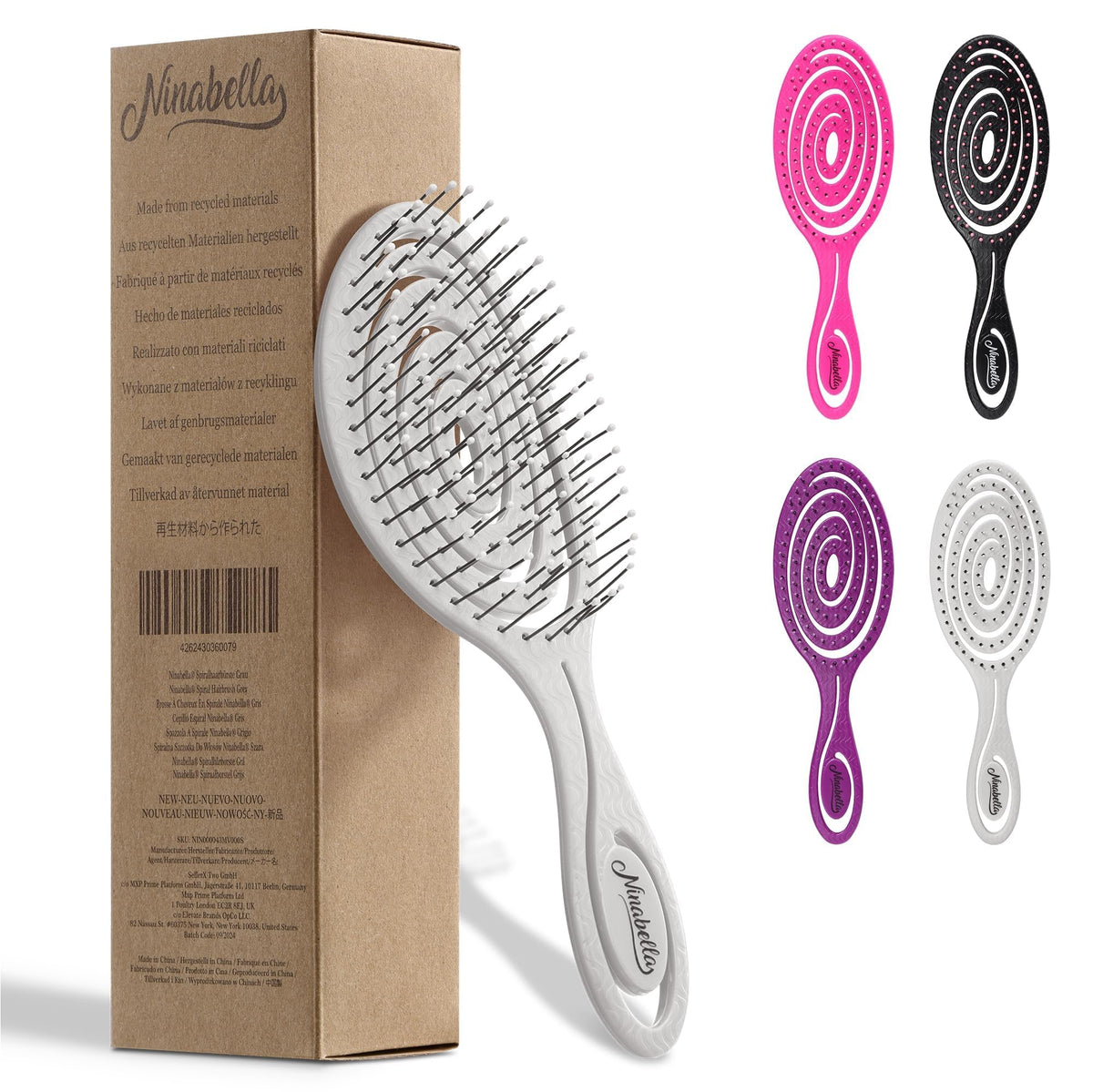 Ninabella Detangler Brush in stone gray front view