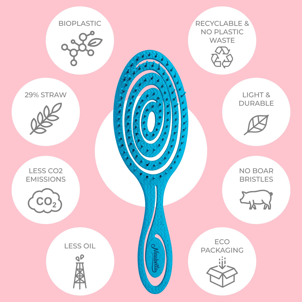 Ninabella Detangler Brush Ocean Blue with rounded bristle tips