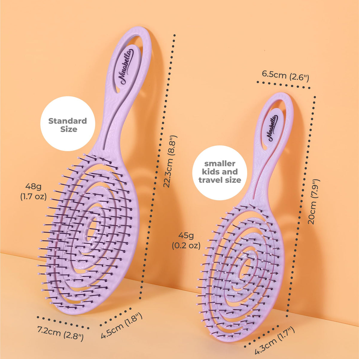 Ninabella Mini Detangler Brush lilac on a bathroom counter