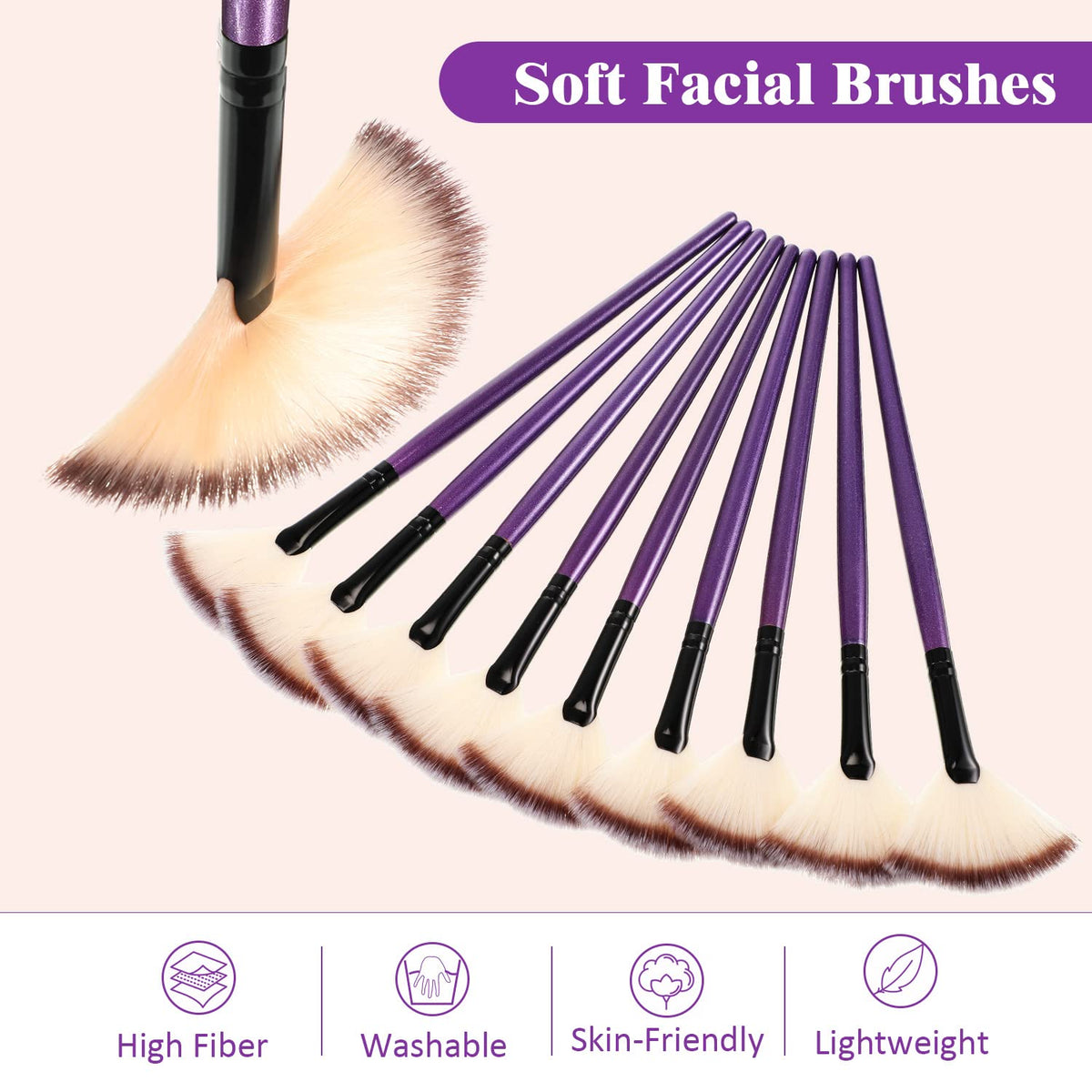 Nine Maitys facial fan brushes displayed on a white background
