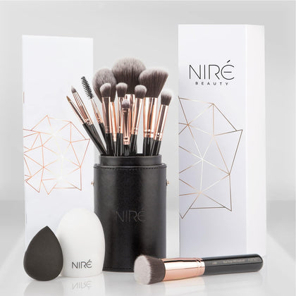 Niré 15 Piece Makeup Brush Set in black and rose gold front view