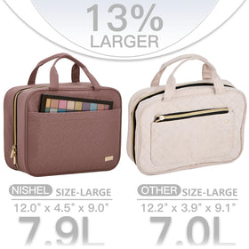NISHEL Travel Toiletry Bag hanging on a bathroom hook
