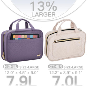 NISHEL Travel Toiletry Bag hanging on a bathroom hook