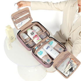 NISHEL Travel Toiletry Bag opened showing compartments