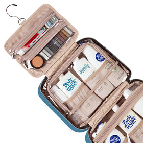 NISHEL Travel Toiletry Bag packed with full-sized toiletries