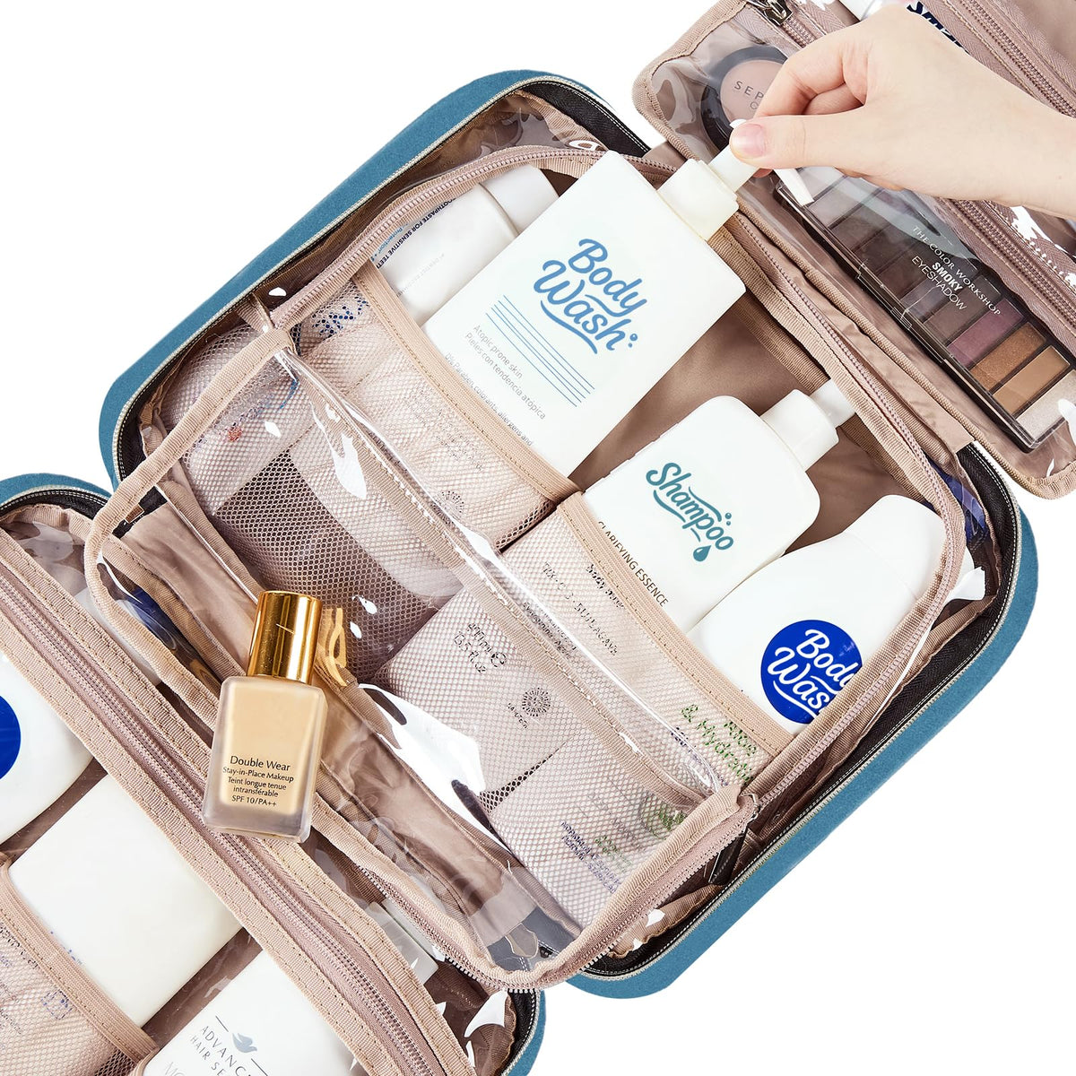 NISHEL Travel Toiletry Bag zipped close with elastic pockets visible