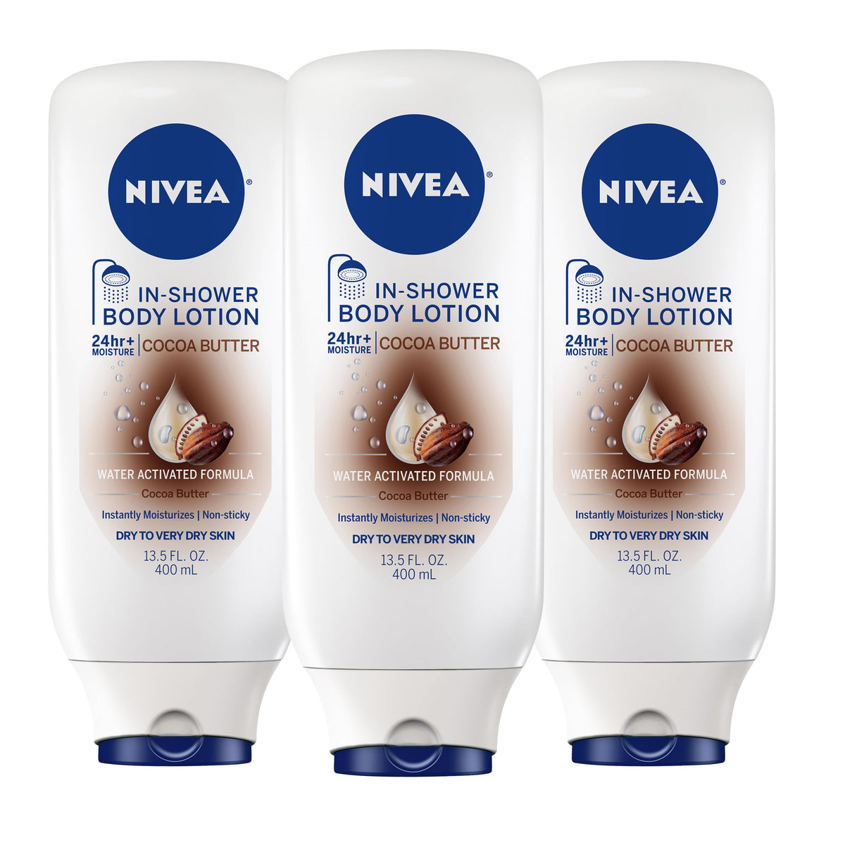 NIVEA Cocoa Butter In-Shower Lotion 3 pack front view