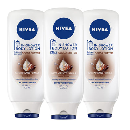 NIVEA Cocoa Butter In-Shower Lotion 3 pack front view
