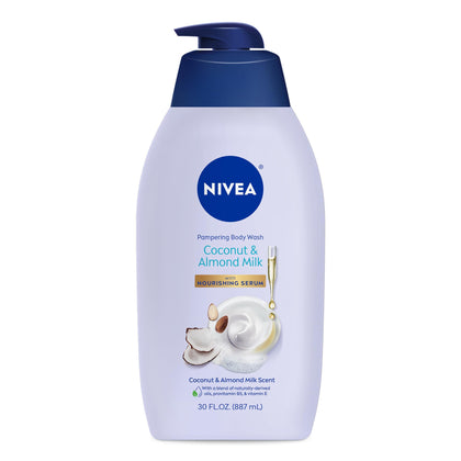 NIVEA Coconut and Almond Milk Body Wash front view, 30 FL OZ bottle