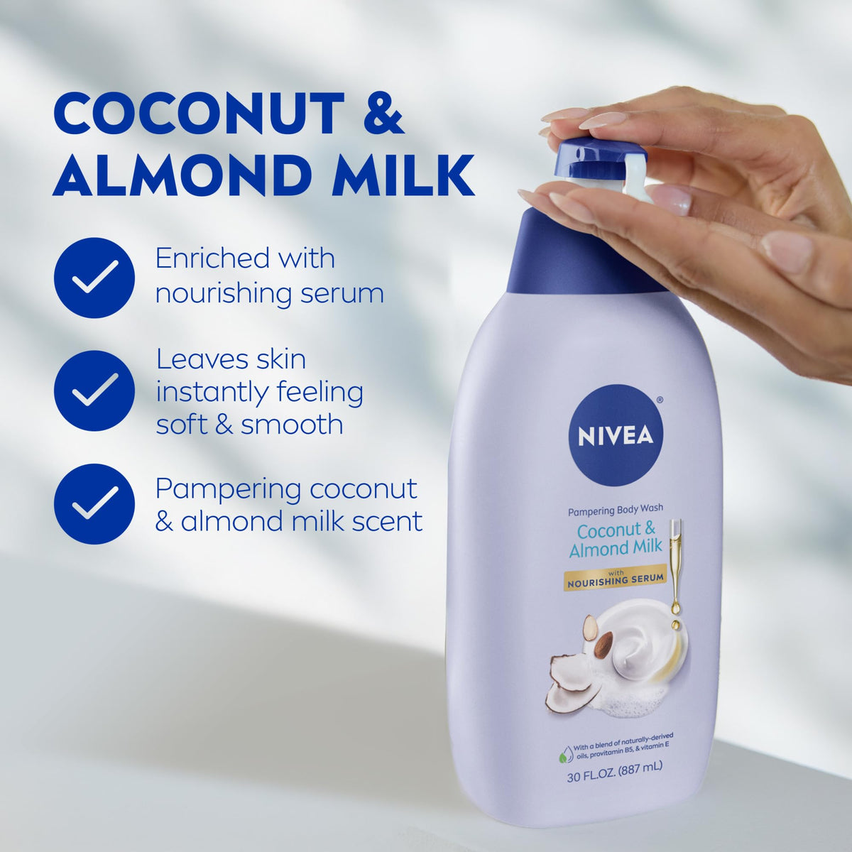 NIVEA Coconut and Almond Milk Body Wash side view showing pump