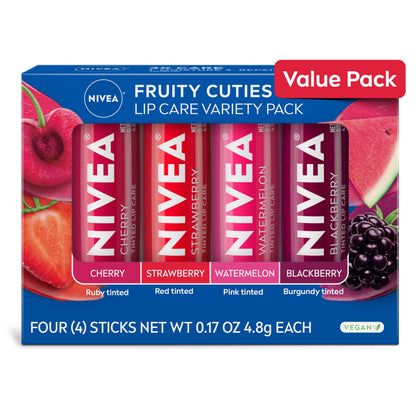 NIVEA Fruity Cuties Lip Balm Variety Pack front view with four sticks