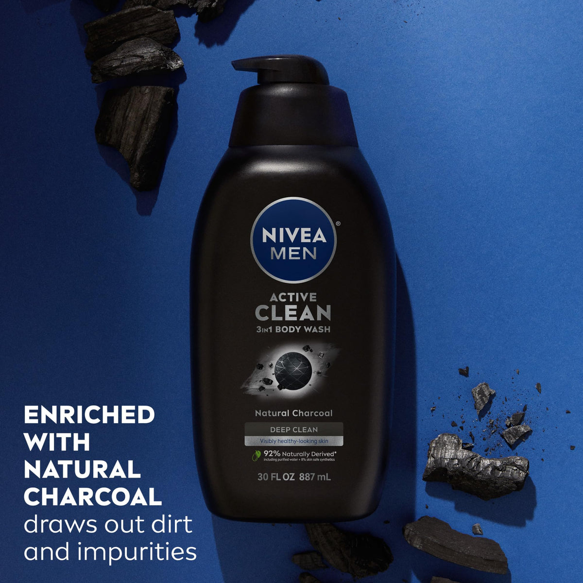NIVEA MEN Active Clean Charcoal Body Wash with natural charcoal ingredients