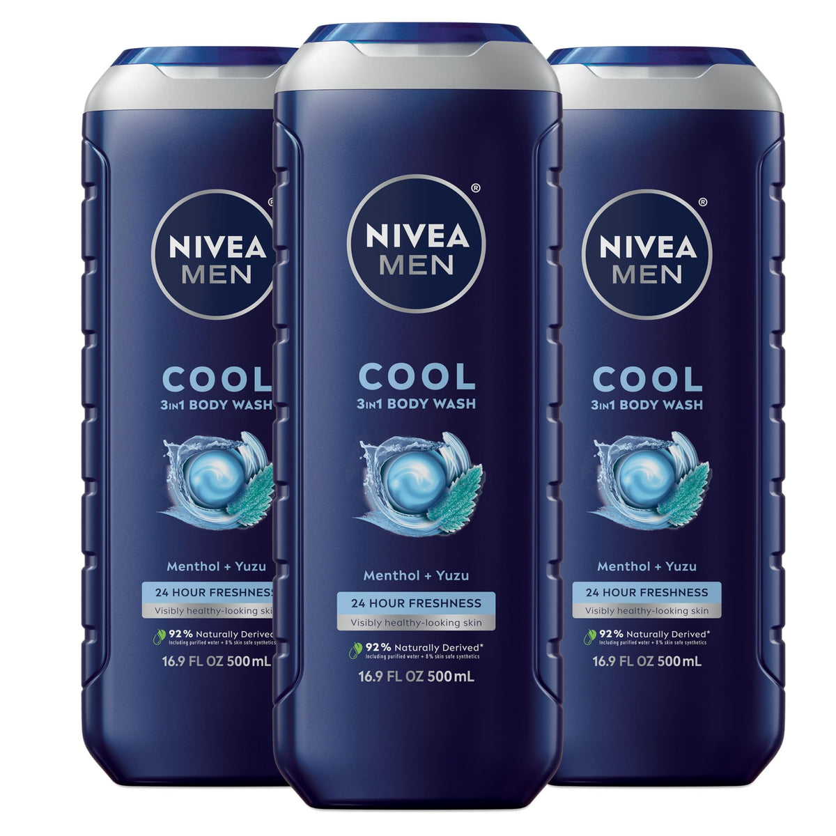 NIVEA MEN Cool 3-in-1 Body Wash front view, three bottles