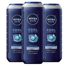 NIVEA MEN Cool 3-in-1 Body Wash front view, three bottles