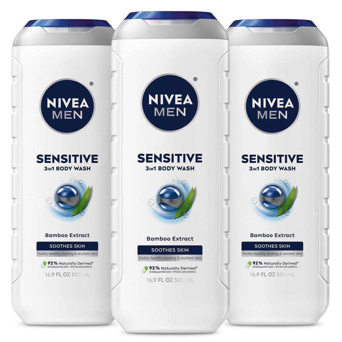 NIVEA MEN Sensitive 3-in-1 Body Wash three bottles front view