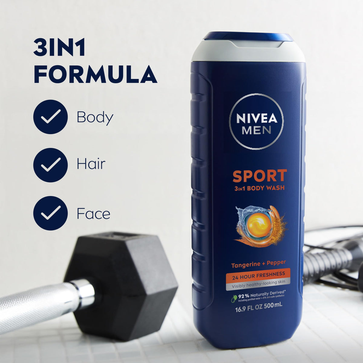 NIVEA MEN Sport Body Wash bottle back view with sustainability information