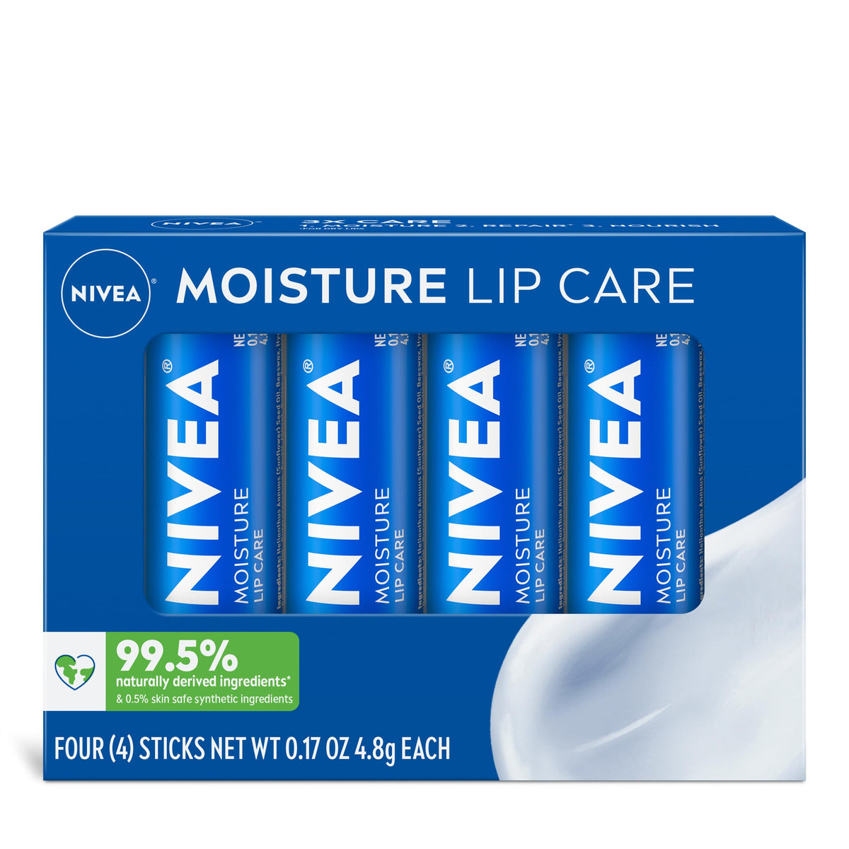 NIVEA Moisture Lip Care pack front view with four lip balm sticks
