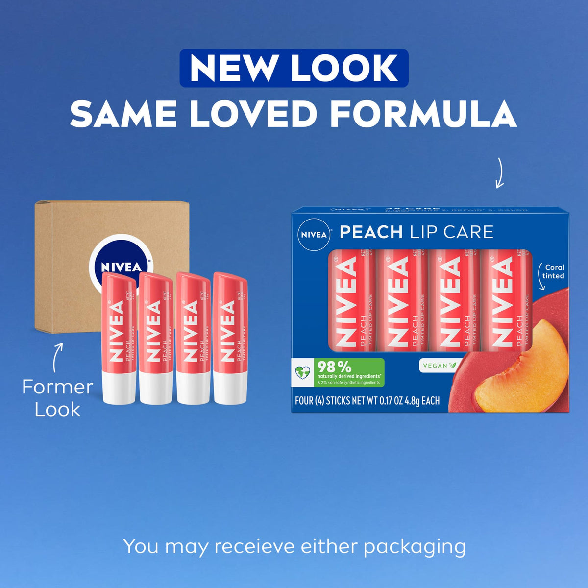 NIVEA Peach Lip Care tinted lip balm showing coral tint on lips
