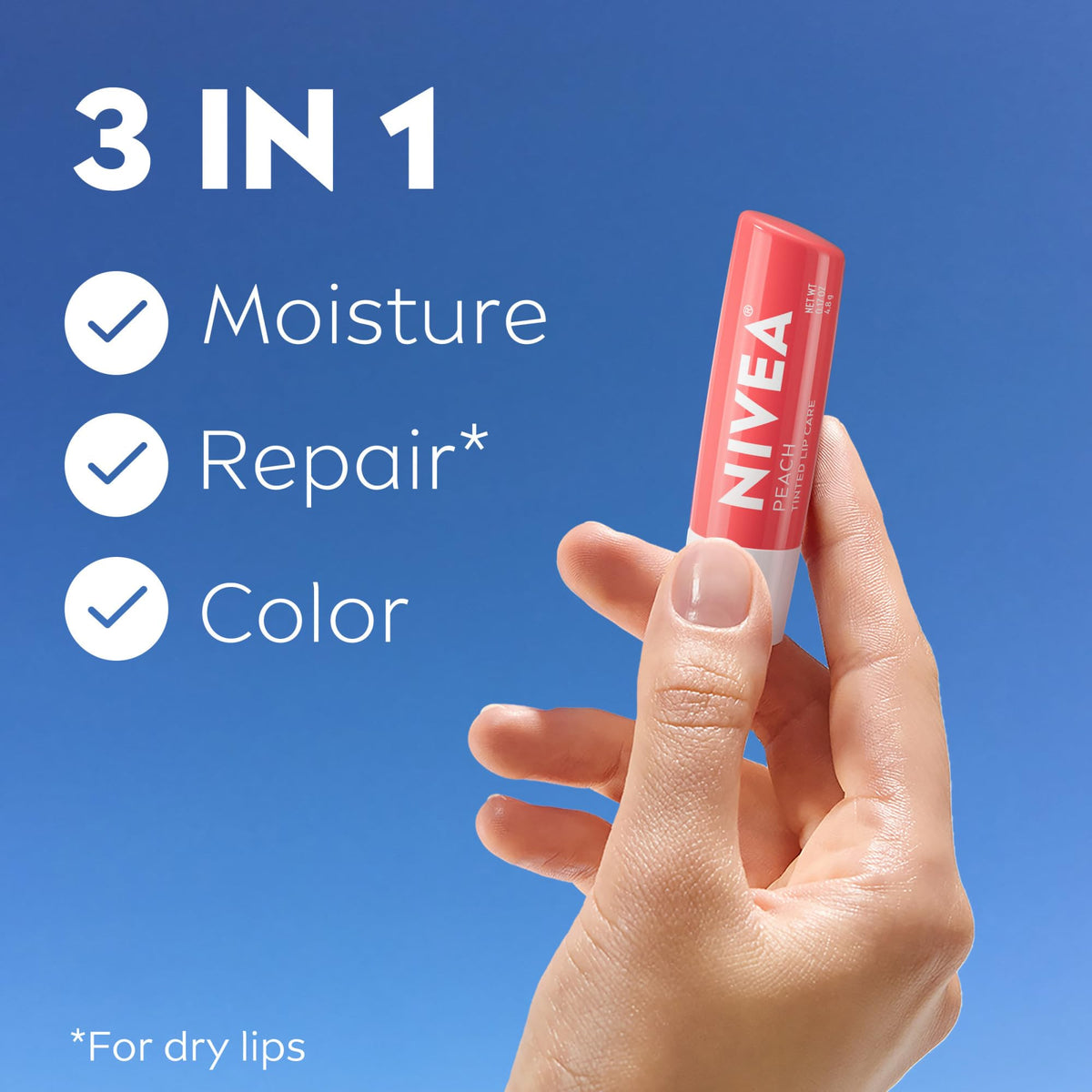 NIVEA Peach Lip Care tinted lip balm side view