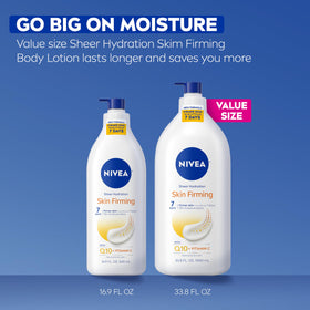 NIVEA Sheer Hydration Skin Firming Body Lotion on bathroom shelf