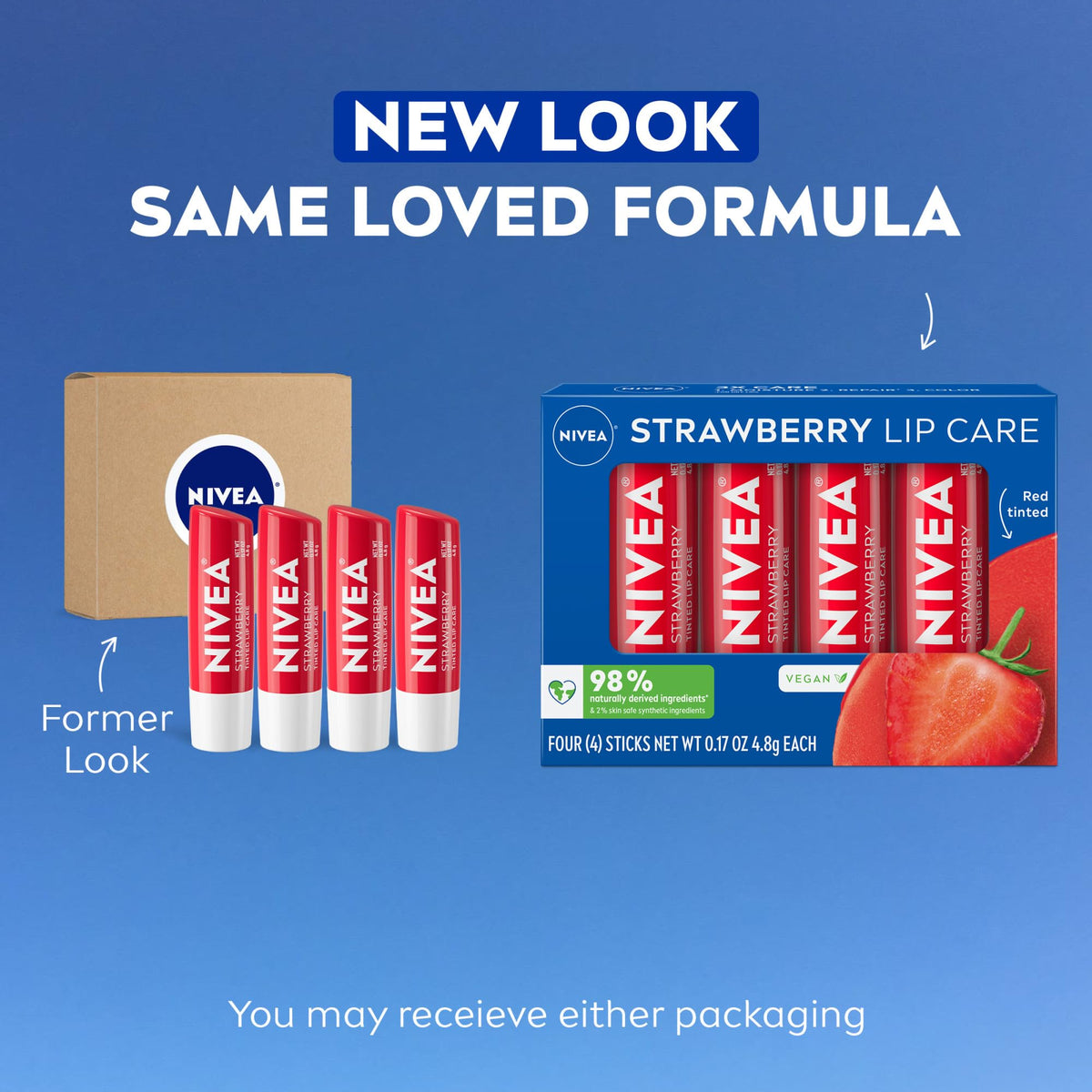 NIVEA Strawberry Lip Care packaging with four lip balms