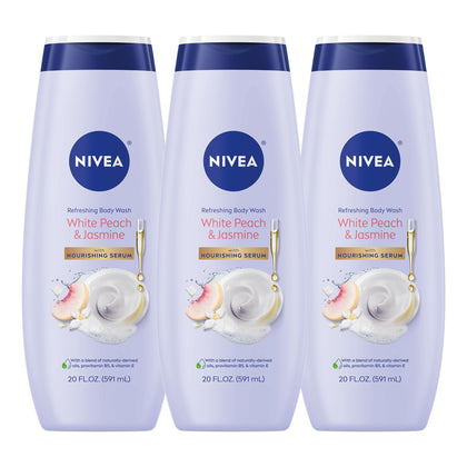 NIVEA White Peach and Jasmine Body Wash front view, 20 FL OZ bottle