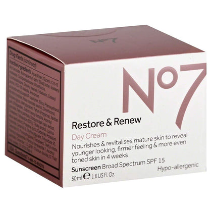 No.7 Restore & Renew Day Cream SPF15 1.6 oz front view with packaging