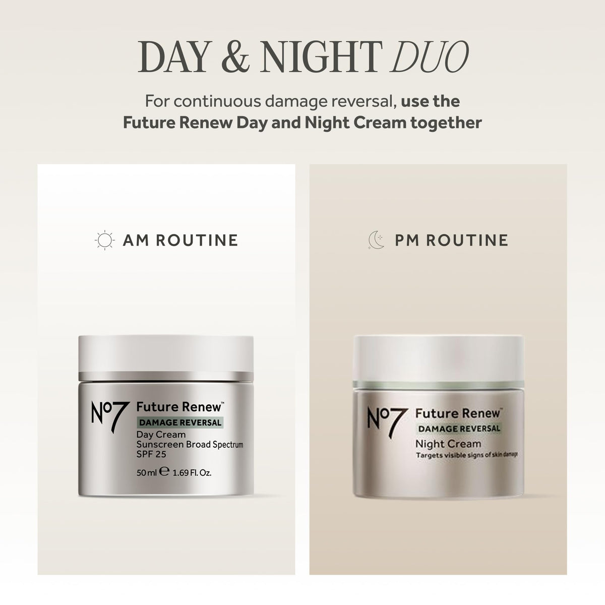 No7 Future Renew Damage Reversal Night Cream displayed with flowers