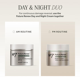 No7 Future Renew Damage Reversal Night Cream displayed with flowers