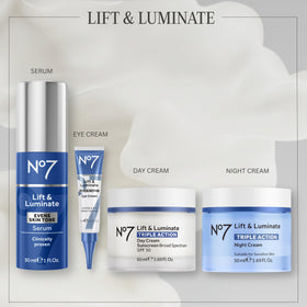 No7 Lift & Luminate Day Cream displayed on a vanity table