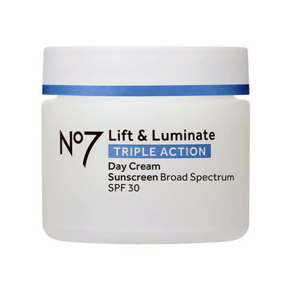 No7 Lift & Luminate Day Cream front view with SPF 30 label
