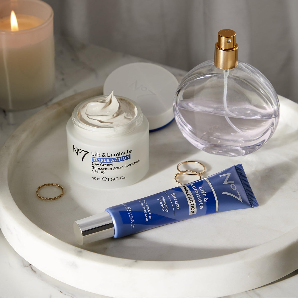 No7 Lift & Luminate Serum 50ml on a vanity table