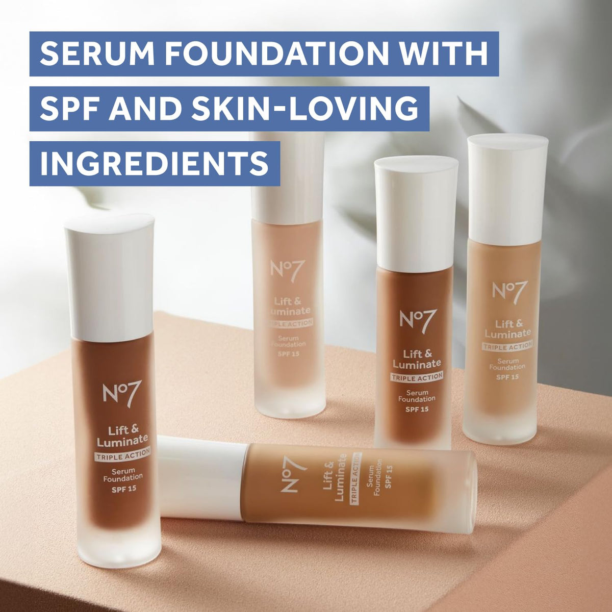 No7 Lift & Luminate Serum Foundation Deep Beige with makeup brush