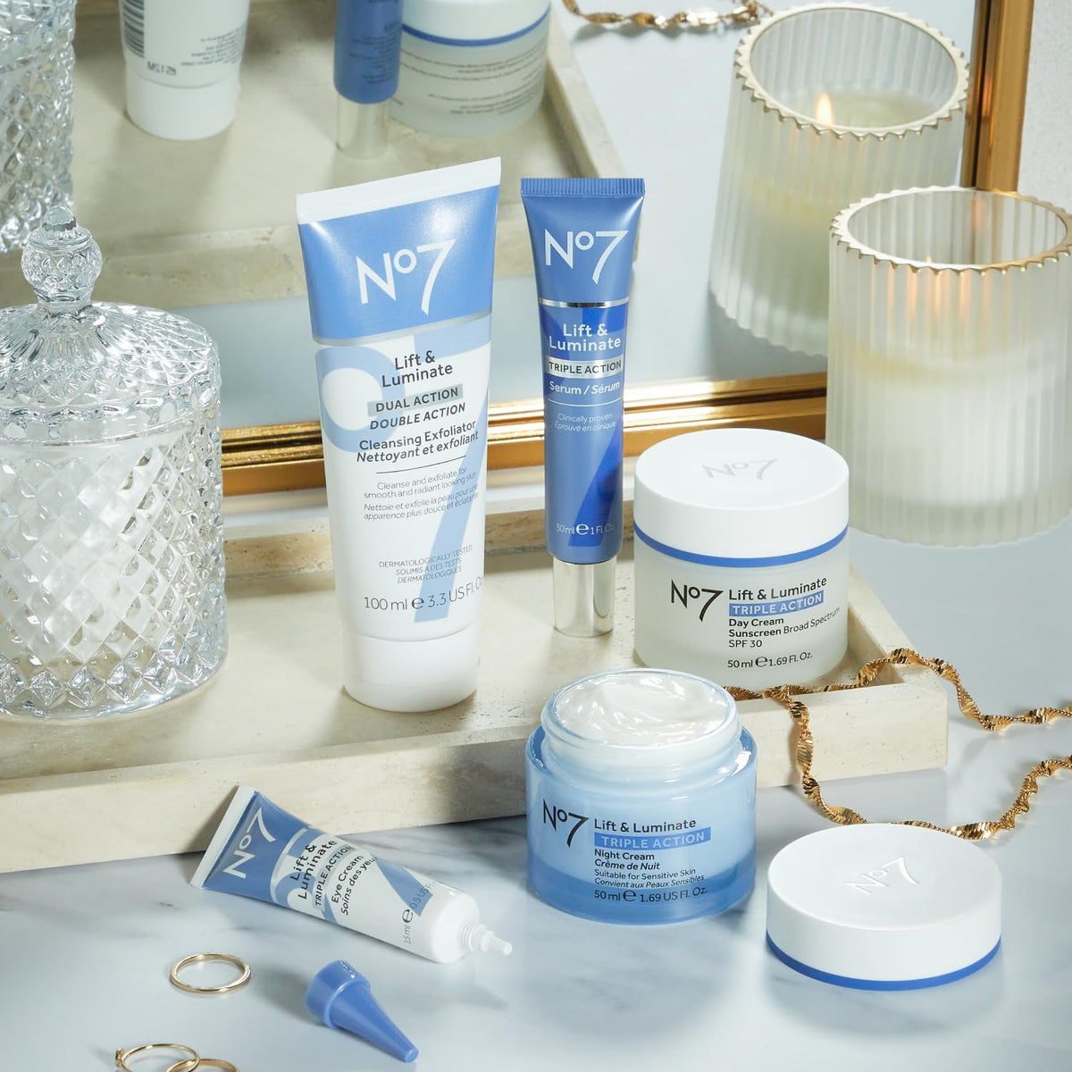 No7 Lift & Luminate Skincare Set displayed on a bathroom shelf