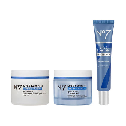 No7 Lift & Luminate Skincare Set front view with day cream, night cream, and serum