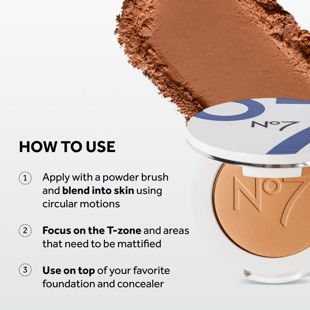 No7 Lift & Luminate Triple Action Face Powder, Deep applied on skin