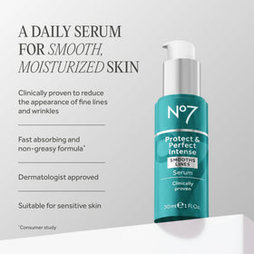 No7 Protect & Perfect Intense Advanced Face Serum bottle close-up