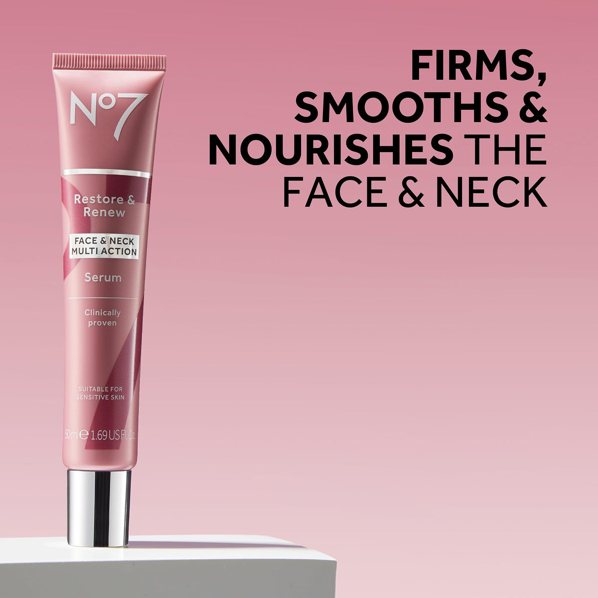 No7 Restore & Renew Face & Neck Serum back view packaging