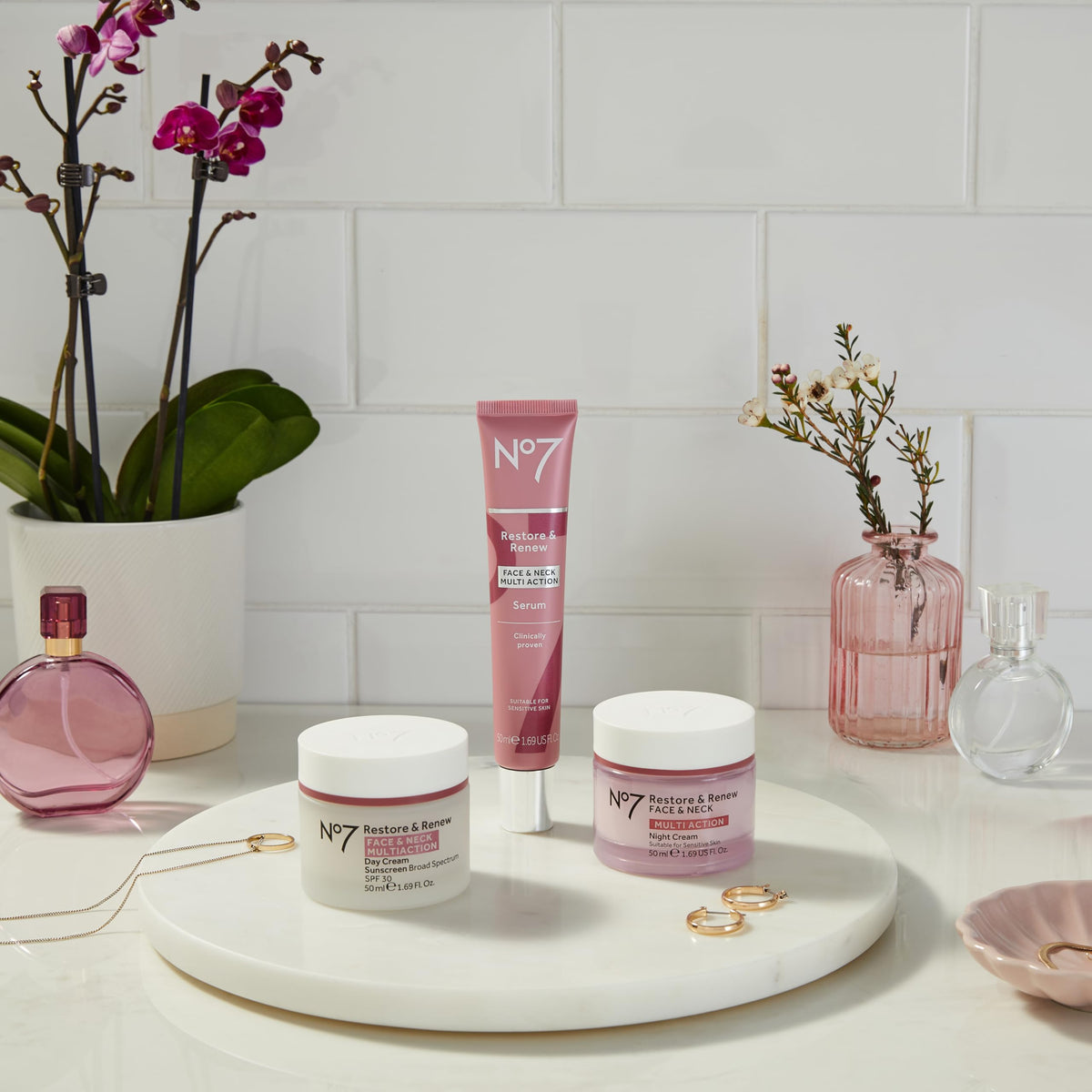 No7 Restore & Renew Serum on bathroom counter