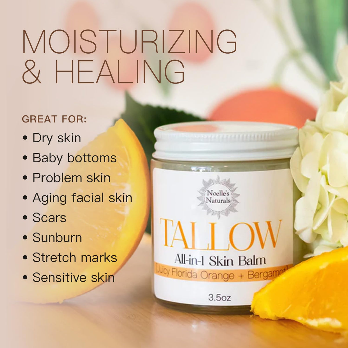 Noelle's Naturals Tallow Balm 3.5oz jar side view showing organic ingredients