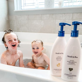 Noodle & Boo Soothing Baby Body Wash packaging on a bathroom shelf